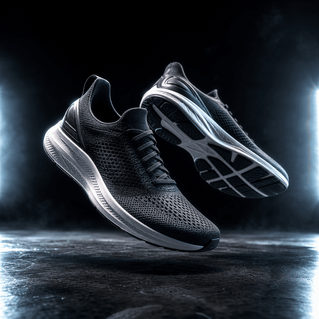 Cinematic product ad still: premium running shoes floating just above a dark reflective concrete surface, dramatic rim l