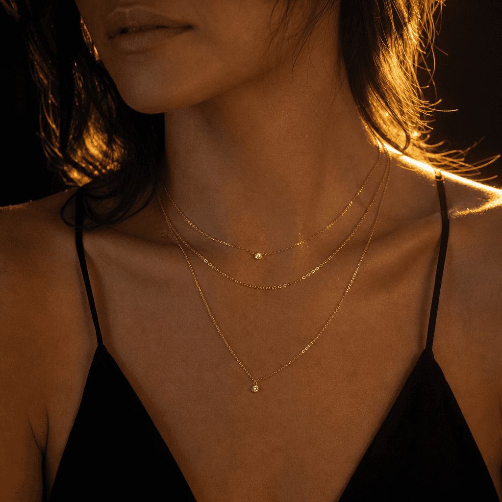 Photorealistic jewelry try-on: layered delicate gold chain necklaces draped at the collarbone, warm golden-hour backligh