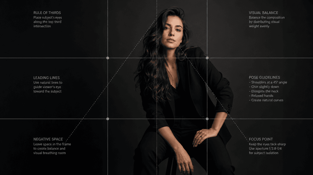 Minimalist professional studio setup with clean dark background and subtle focus guidelines. Professional posing marks v