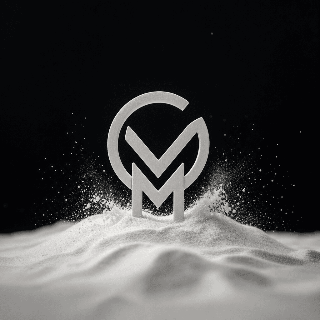 Minimalist logo rising from white sand against a deep charcoal background, ultra-fine particles in gentle motion, cinema