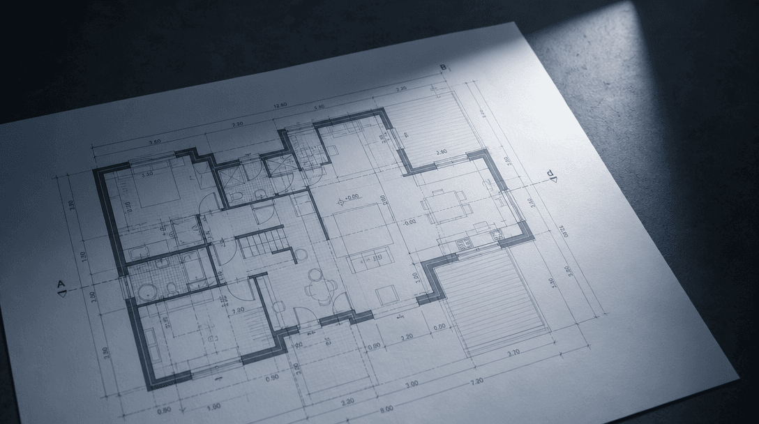 Abstract overhead close-up of a precise 2D architectural floor plan printed in blueprint blue-grey lines on white drafti
