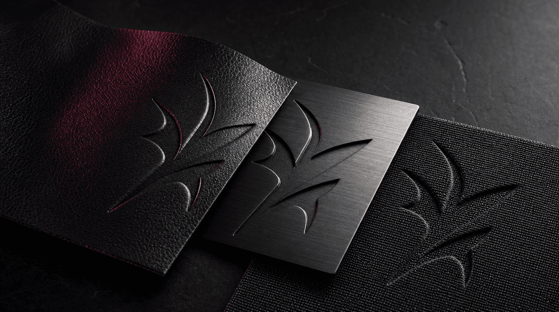 An abstract embossed symbol emerging across leather, brushed steel, and woven fabric samples arranged on a dark studio t