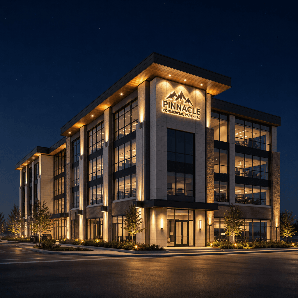 Modern commercial building with professional warm accent lighting at night, realistic architectural illumination, high-f