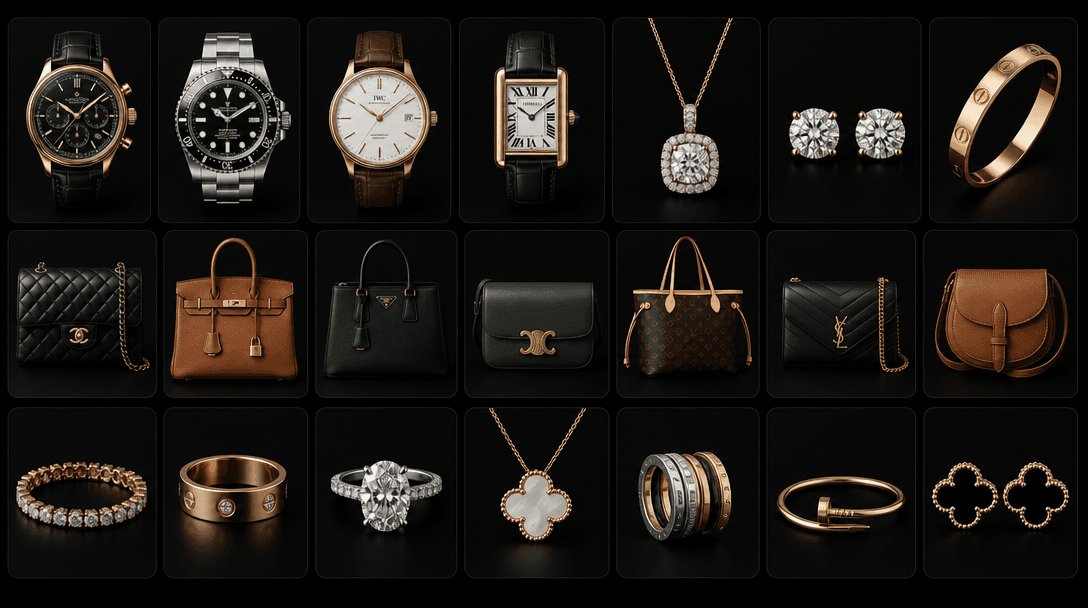 Mosaic of product tiles materializing in rapid sequence — luxury watches, leather bags, jewelry appearing and settling i