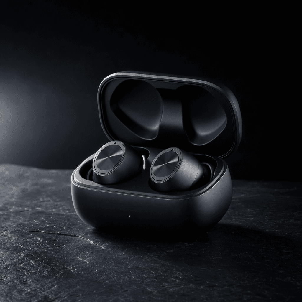 Square editorial electronics product shot: wireless earbuds in an open matte case lit dramatically from the left on a da