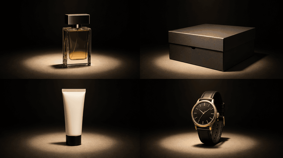 Editorial grid arrangement: four distinct product packaging items — perfume, sneaker box, skincare tube, watch — placed 
