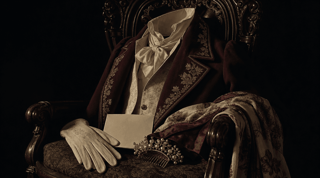 An atmospheric Regency wardrobe study arranged on a dark carved chair: embroidered tailcoat, silk cravat, pearl hair orn