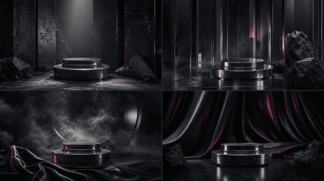 Four adjacent cinematic environments built from stone, chrome, smoke, and satin, each framing the same abstract product 
