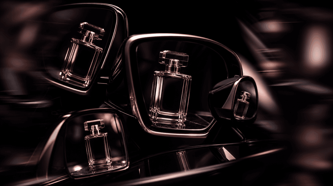 An abstract arrangement of overlapping automotive mirrors reflecting a single perfume bottle from complementary angles, 