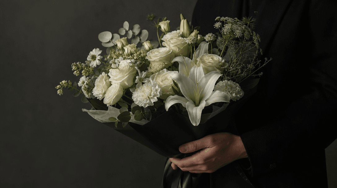 Wide dark editorial studio scene of anonymous hands and a tailored black sleeve gently presenting a luminous bouquet, bo