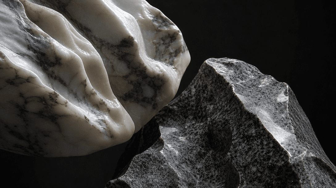 Close-up of marble and granite stone textures with light play, sculptural surface detail, studio lighting, artistic mate
