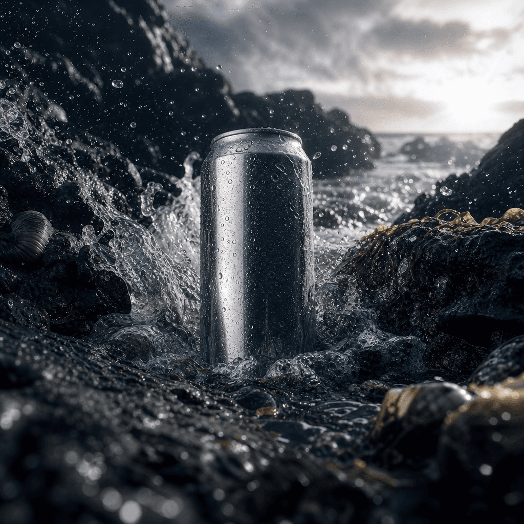A chilled sparkling drink can emerging from a dramatic coastal tide pool, surrounded by black volcanic stone, sea spray,