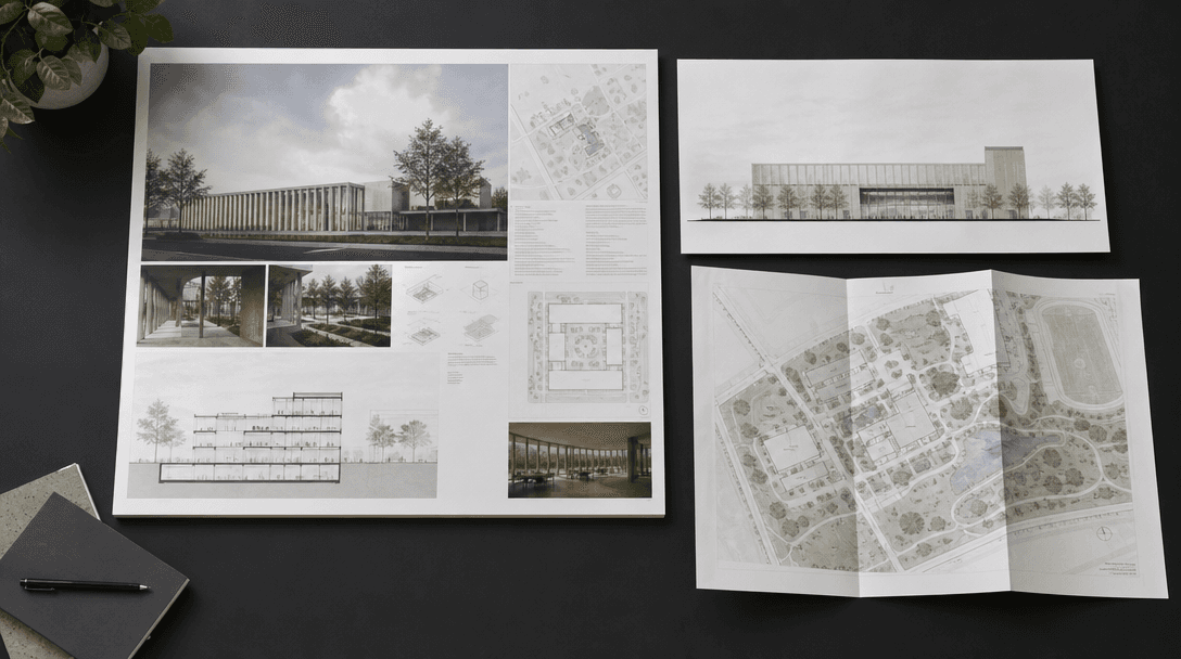 A flat-lay arrangement of architectural deliverables on a dark charcoal surface: a large printed competition board, a pr