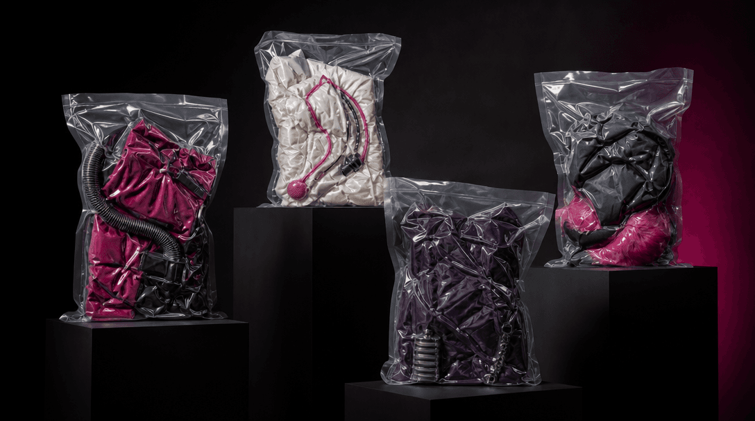 Four distinct vacuum-sealed sculptural packages arranged as a cohesive campaign series on staggered black pedestals, eac