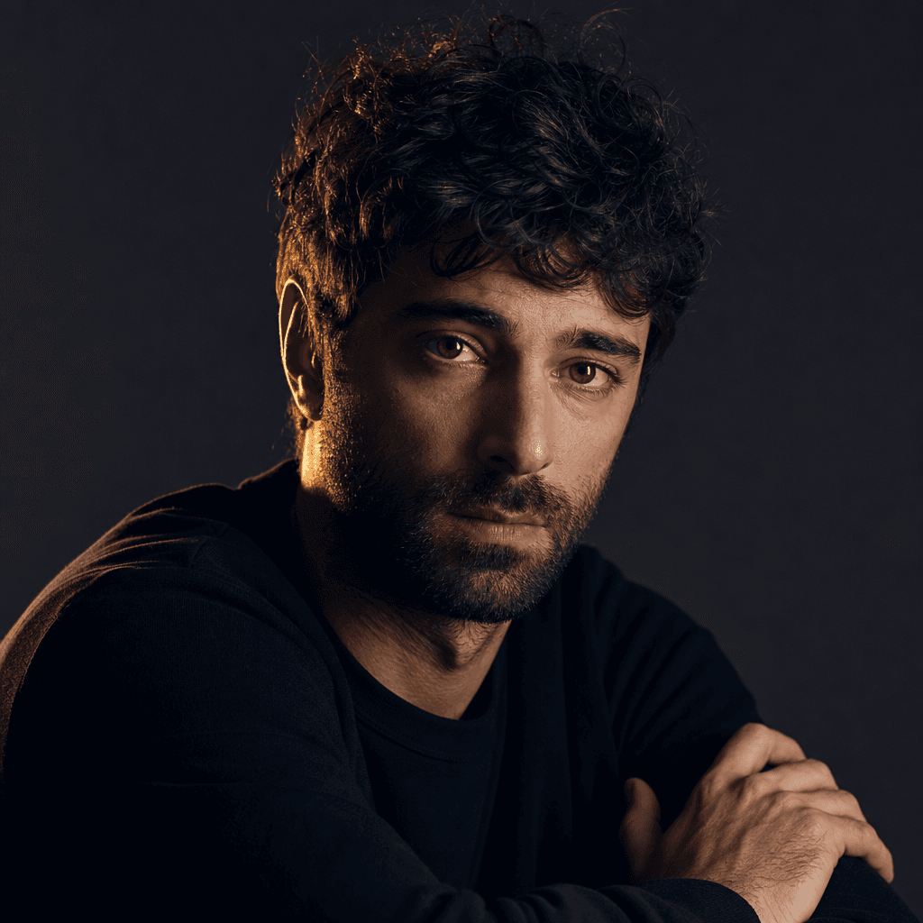 Studio portrait with minimalist dark clothing against a deep charcoal background, rim lighting from the left, cinematic 