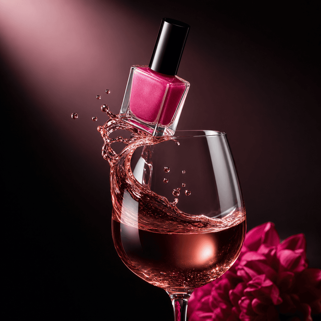 A glossy nail polish bottle balanced on the rim of a rosé-filled wine glass as liquid curls around its base, cinematic d
