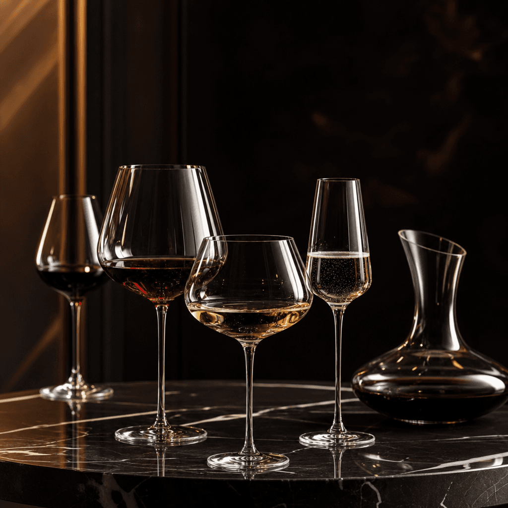 Sophisticated spirits arrangement. Multiple premium wine glasses arranged with intention on dark marble surface, soft wa
