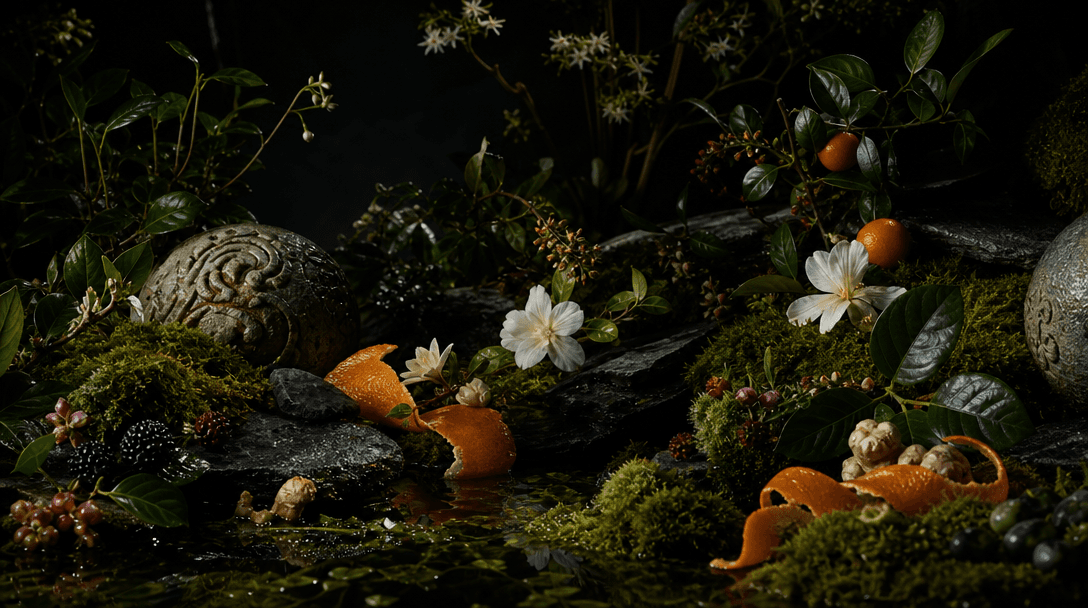 A lush botanical still life of glossy leaves, spring blossoms, citrus peel, berries, moss, and carved stone arranged acr