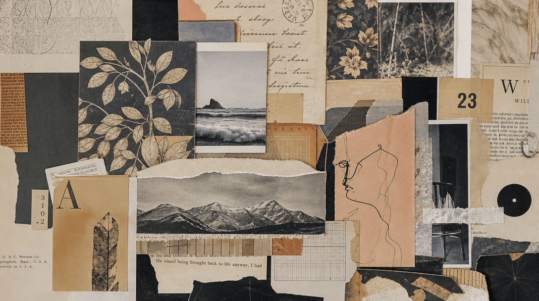 Abstract arrangement of collage materials — layered photos, decorative cutouts, vintage papers, artistic composition wit