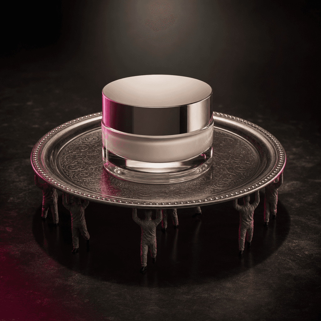 A premium skincare jar delivered on a vast silver platter carried by miniature anonymous workers in a shadowy studio. Th