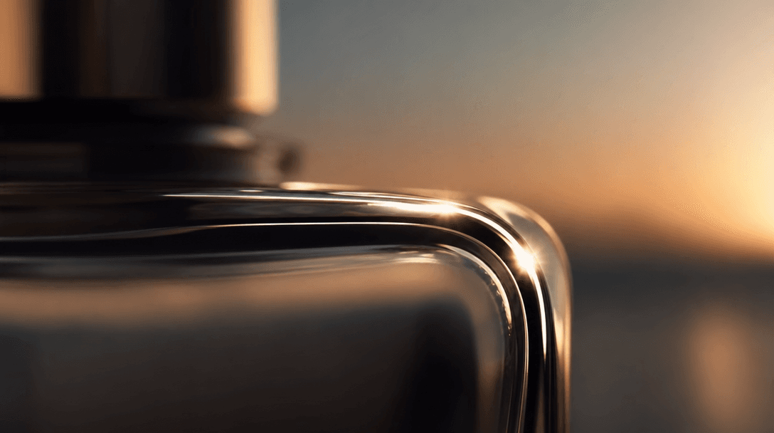 Extreme macro of a transparent glass bottle edge catching a razor-sharp specular highlight, product silhouette receding 