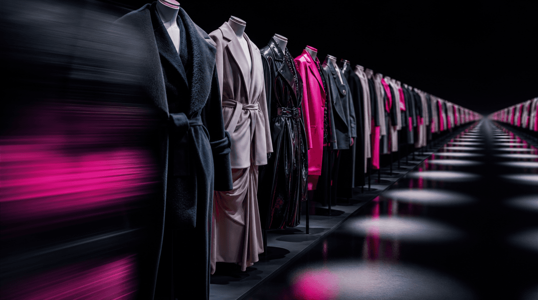 Rows of coordinated garments extending into a dark studio horizon while repeated pools of light suggest scalable campaig
