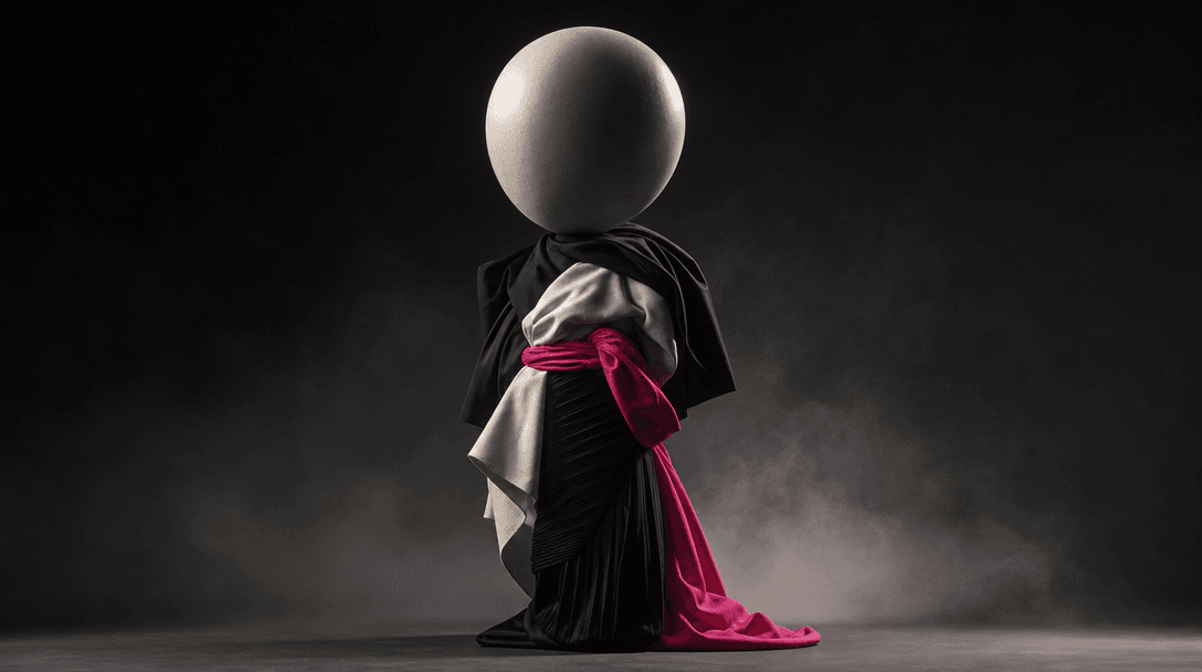 A sculptural fashion mannequin form with an intentionally oversized smooth head and compact body, wrapped in layered bla