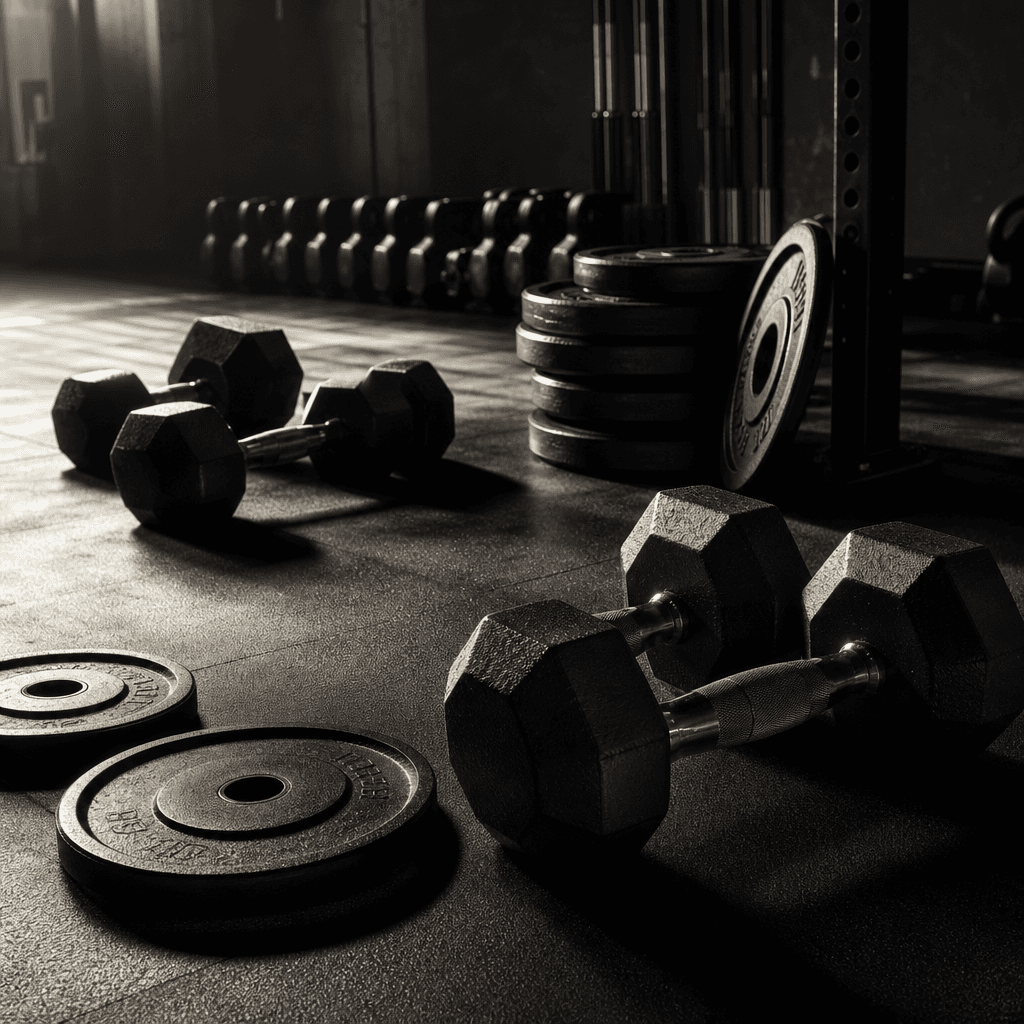 Fitness studio atmosphere: cast iron dumbbells and weight plates arranged on polished dark rubber flooring, dramatic low