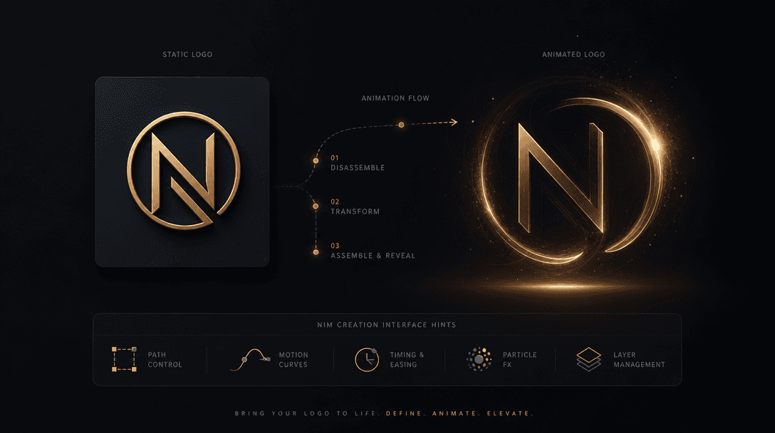 Static logo transforming into animated version, Nim creation interface hints with dark sophisticated UI elements, no act