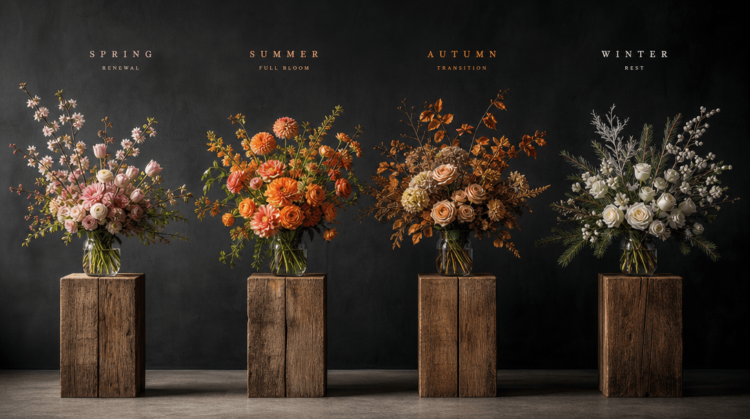 A coordinated sequence of bouquets in changing seasonal palettes arranged across repeating wooden plinths, deep charcoal