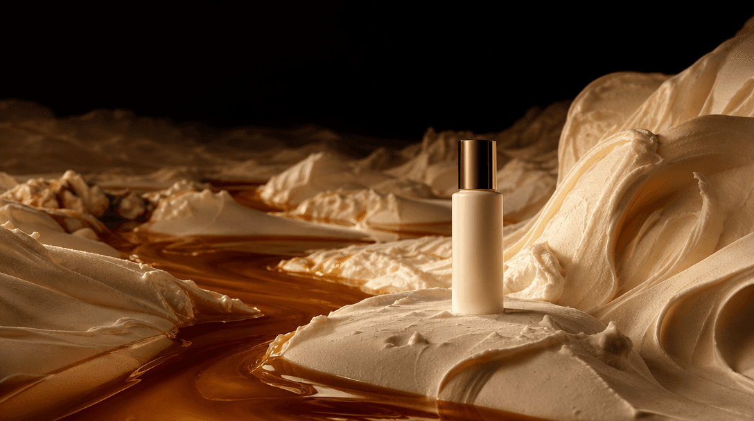 A surreal landscape of sculpted vanilla ice cream folds surrounding one pristine cosmetic bottle, caramel flowing throug
