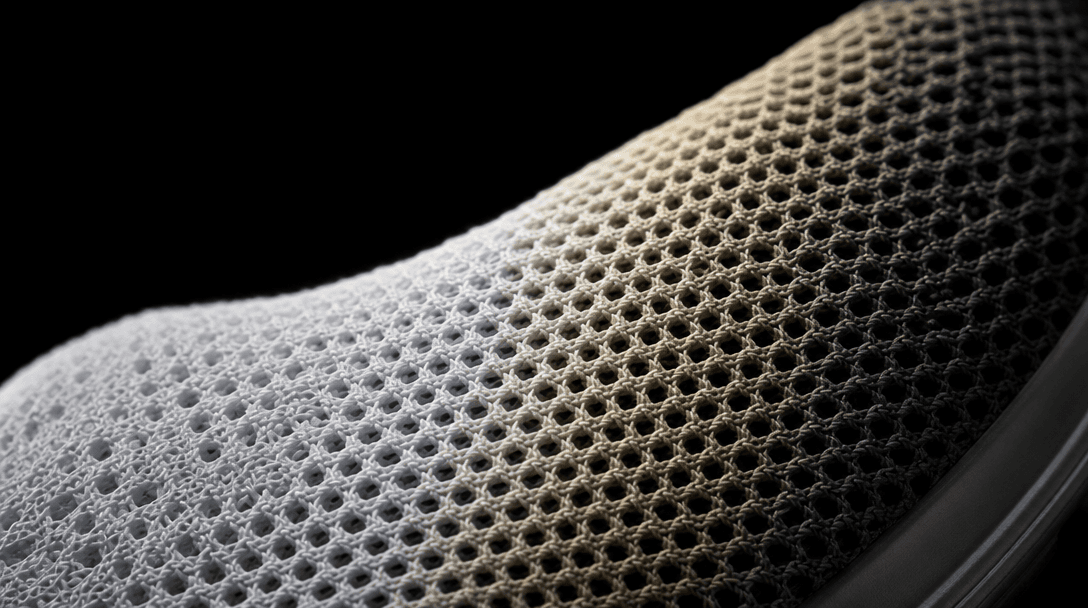 Abstract macro photograph of premium sneaker mesh fabric texture, extreme close-up showing hexagonal weave detail and a 