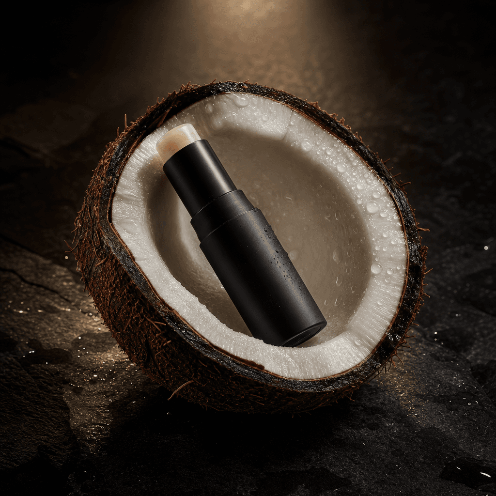 A matte black tube of lip balm rests diagonally inside a coconut half on dark wet stone. Close-up macro, coconut water d