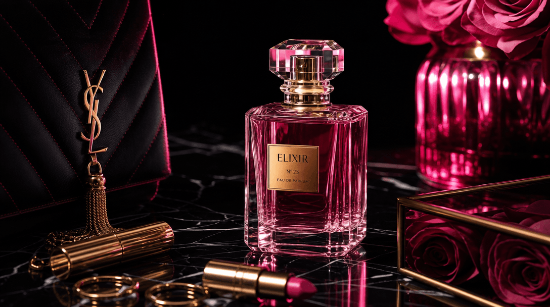 Three-point lighting setup creating dramatic shadows and bright highlights, hot pink accent light reflecting off shiny l