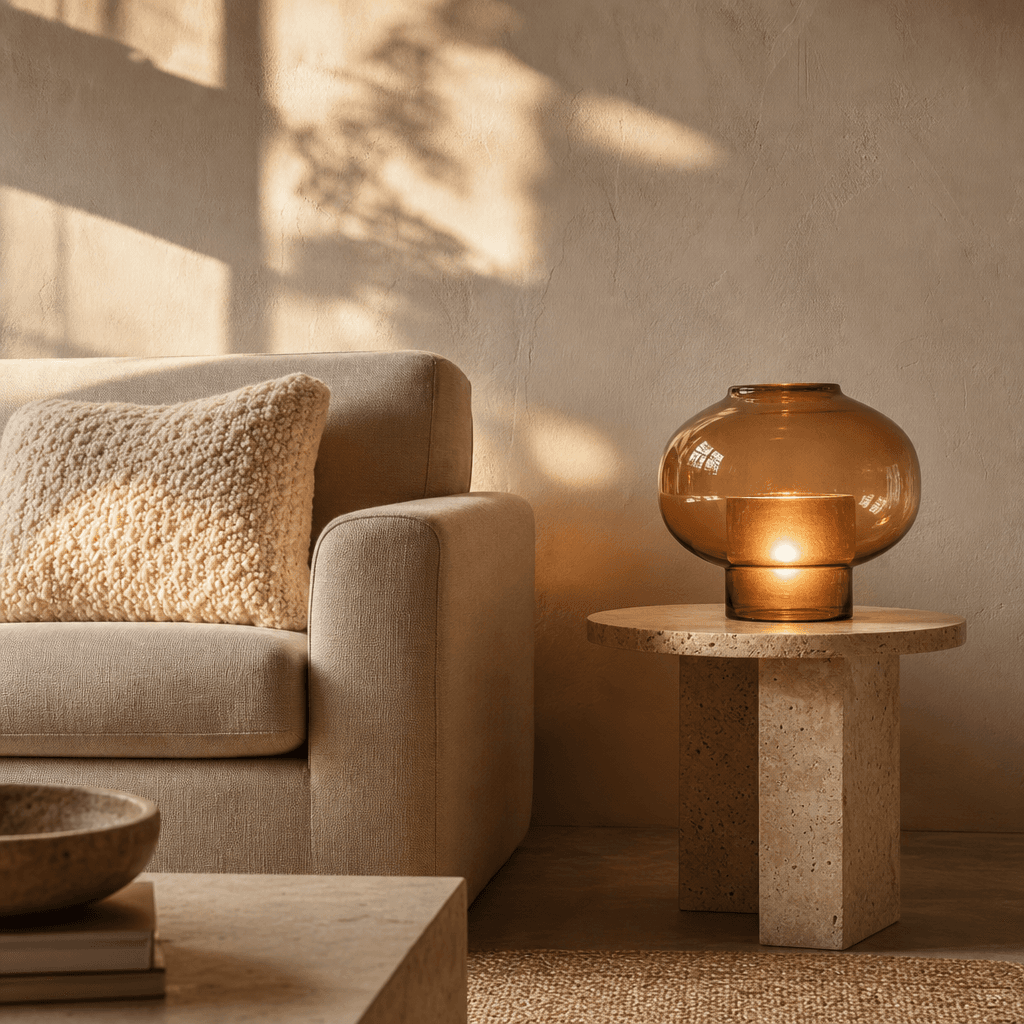 Minimalist living room vignette: a linen sofa with a chunky textured cream throw pillow, a small travertine side table h