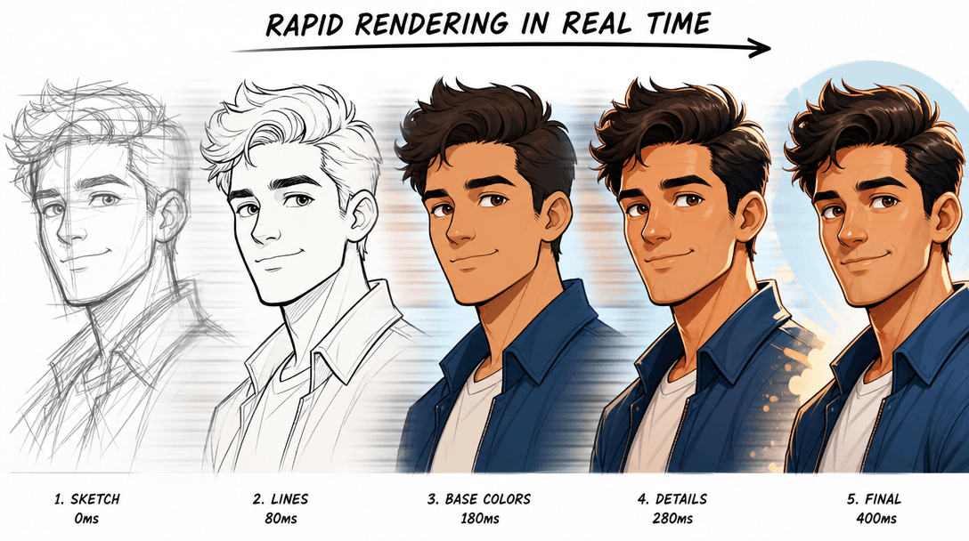 Speed concept visualization. Cartoon portrait rapidly rendering and refining in real time, details sharpening, colors so