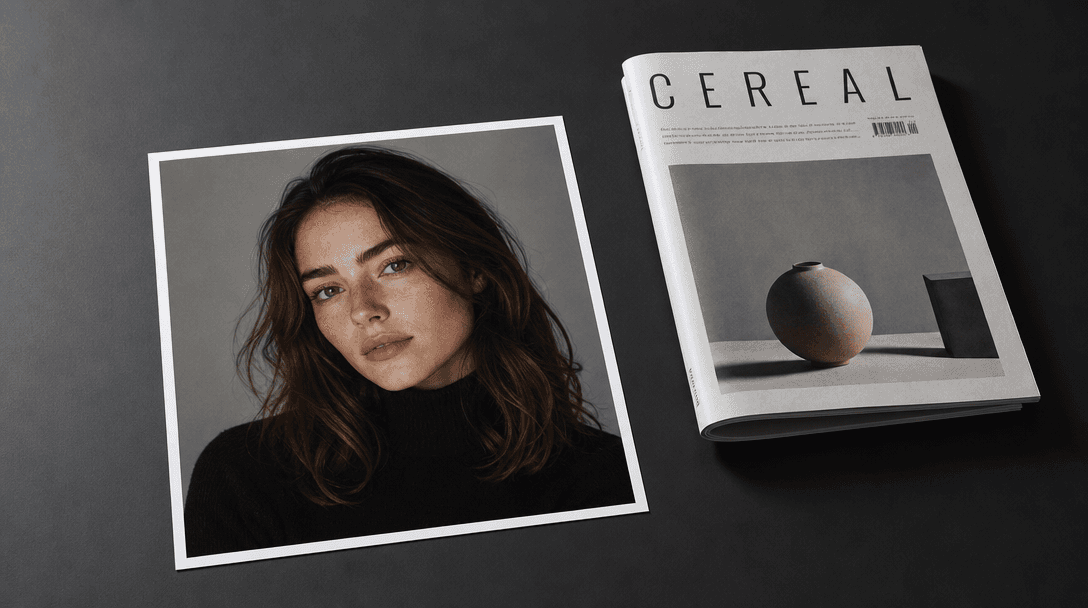 A high-quality portrait photograph lying on a dark matte surface beside a folded editorial magazine, studio overhead lig
