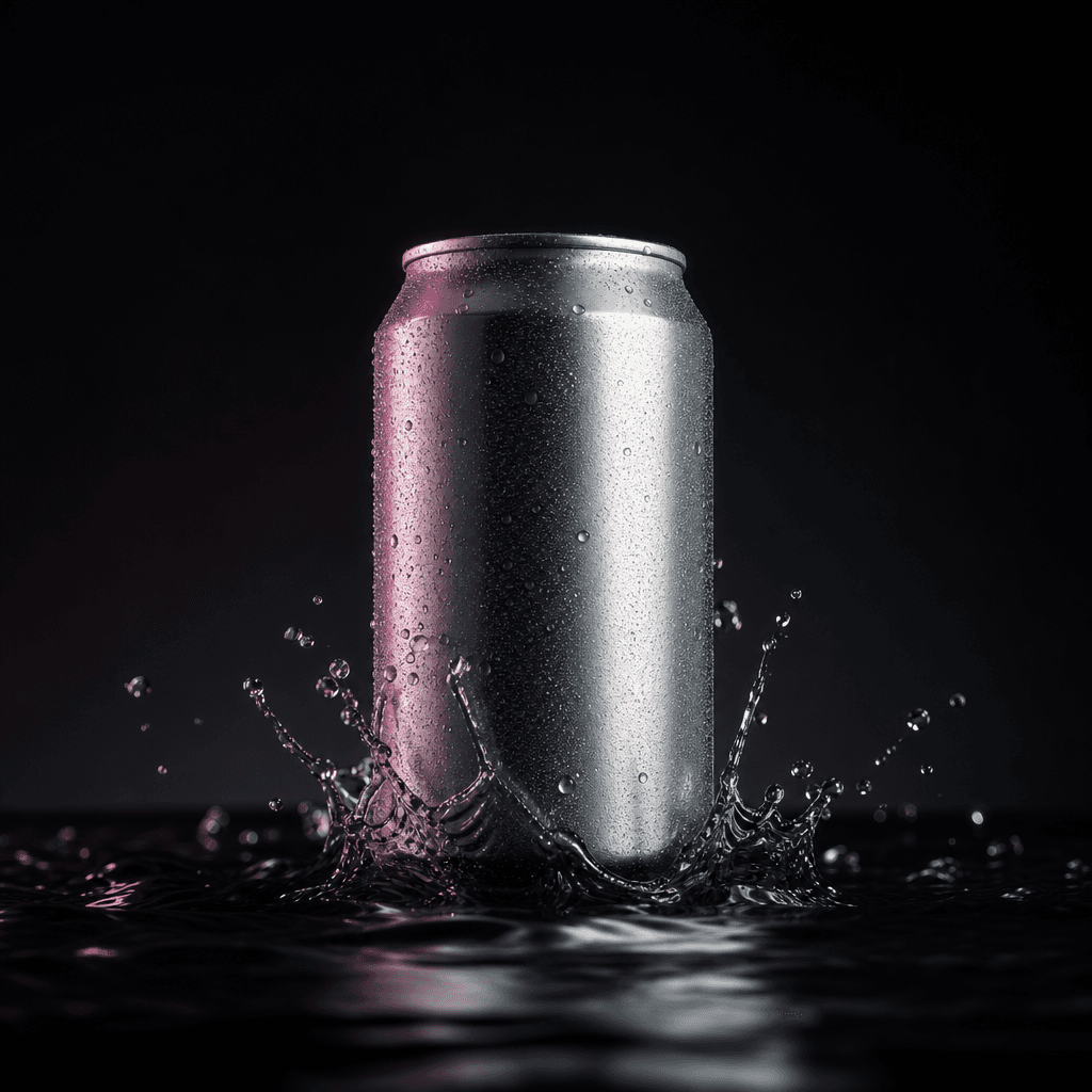 A minimalist beverage can emerging from shallow black water with gentle ripples, fine condensation, and a restrained spl