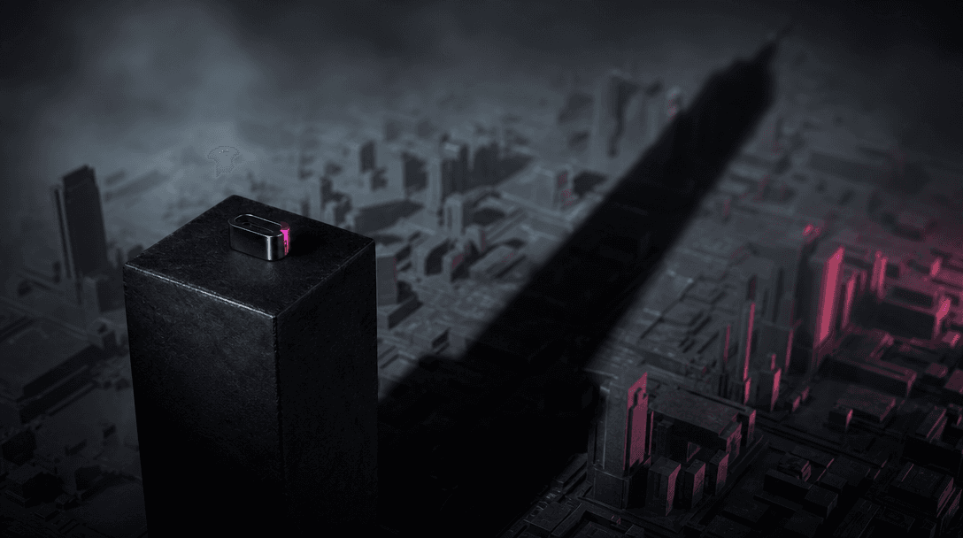 A tiny premium product on a black stone plinth casting the shadow of a monumental skyscraper across an abstract city mod