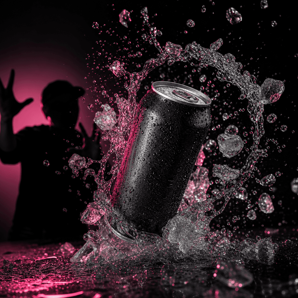 A premium canned beverage exploding through a ring of water droplets and crushed ice, anonymous creator silhouette react