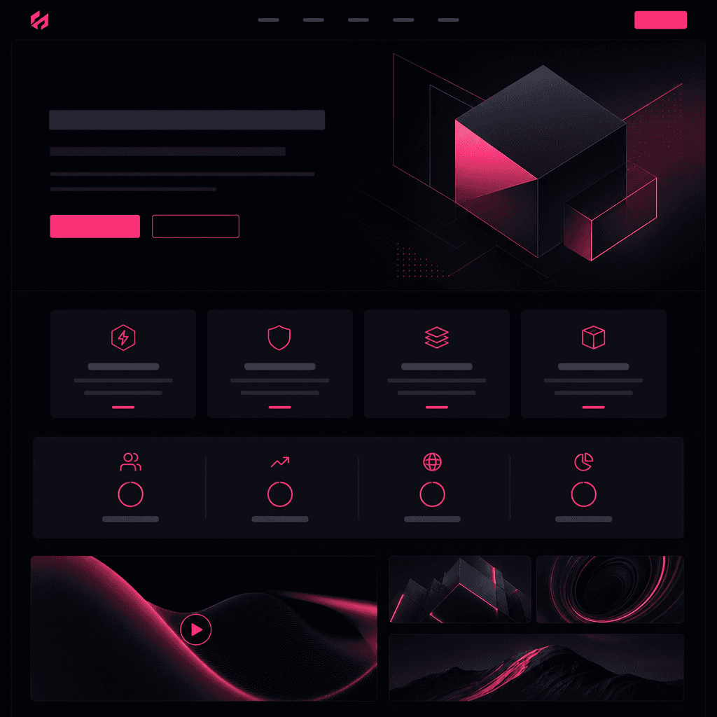 Website homepage design mockup in dark mode with hot pink accent buttons and highlights, clean professional typography, 