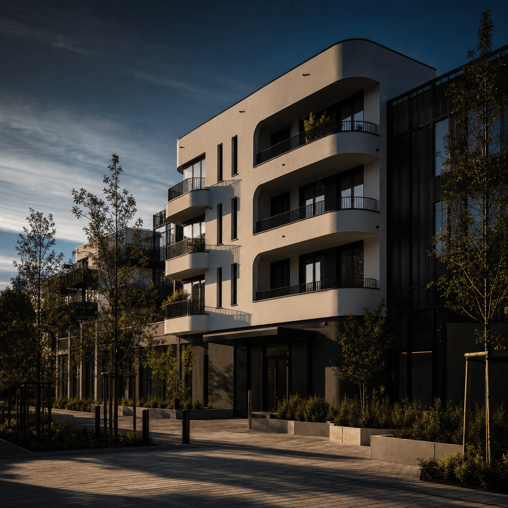Square format wide shot of a completed contemporary apartment building, clean white rendered facade, freshly planted lan