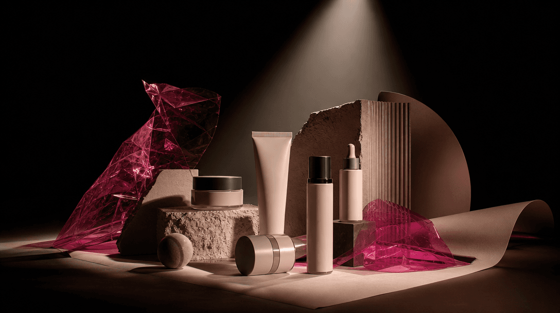 A blank beauty product brief transformed metaphorically into a finished campaign scene: neutral paper, cosmetic packagin