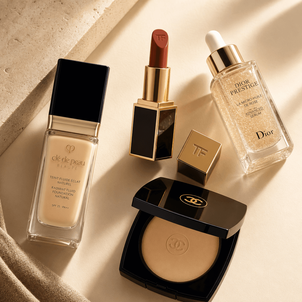 Beauty product mosaic — glass foundation bottle, luxury lipstick, serum dropper, and compact powder case appearing in dy