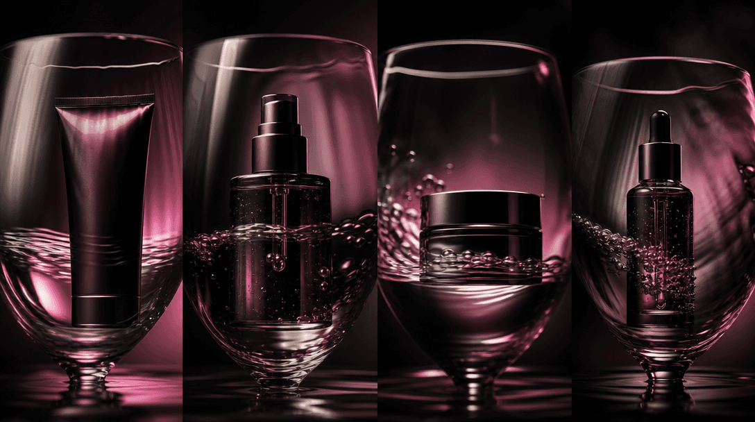 Four coordinated beauty product silhouettes viewed through overlapping wine-glass reflections, each variation shaped by 