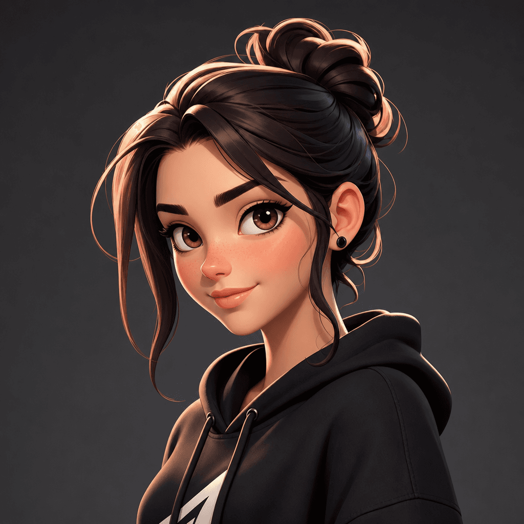 3D cartoon portrait of person. Stylized character art with clean outlines, bold color palette, dimensional shadows, anim