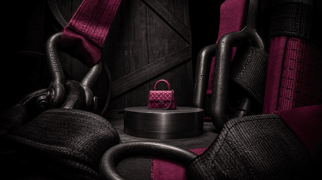 A small polished product pedestal surrounded by enormous delivery straps, steel hooks, and monumental shipping materials