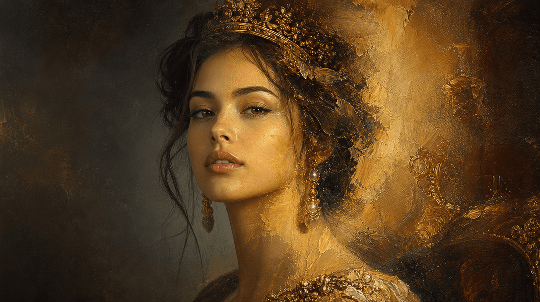 Artistic transformation concept, portrait photo gradually transitioning to classical painting with golden brushstrokes a