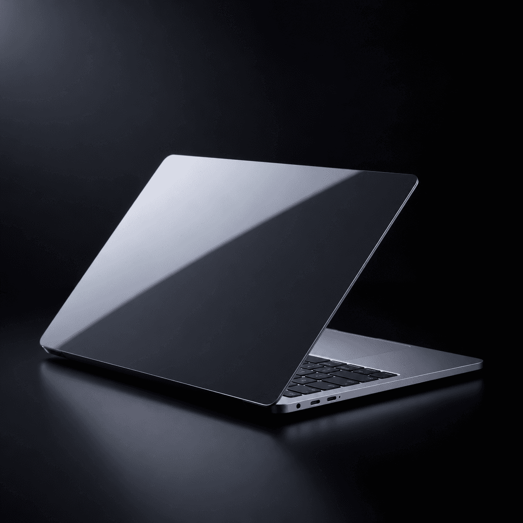A slim laptop partially open, angled at 30 degrees, illuminated by a gradient wash of cool-white studio light from the u