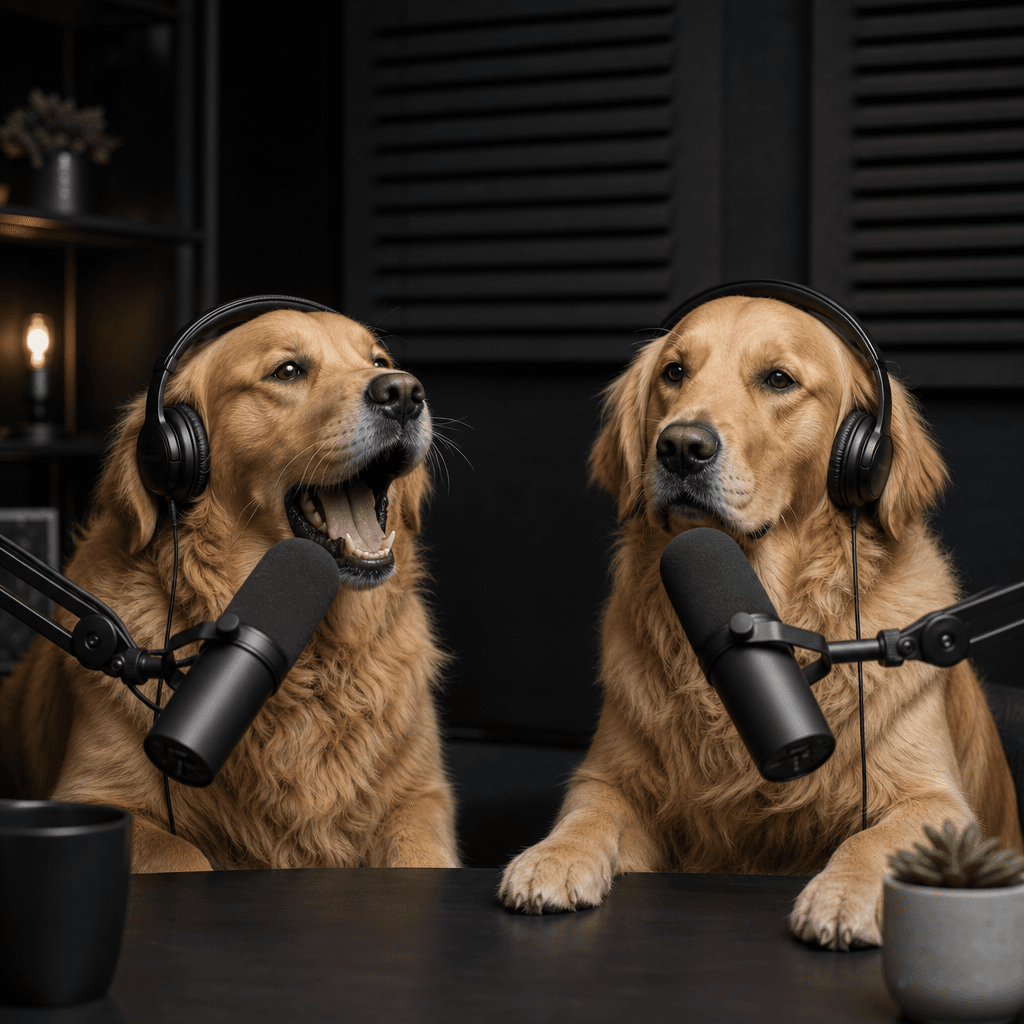 Two golden retrievers wearing understated studio headphones at a minimalist podcast table, one mid-reaction and the othe